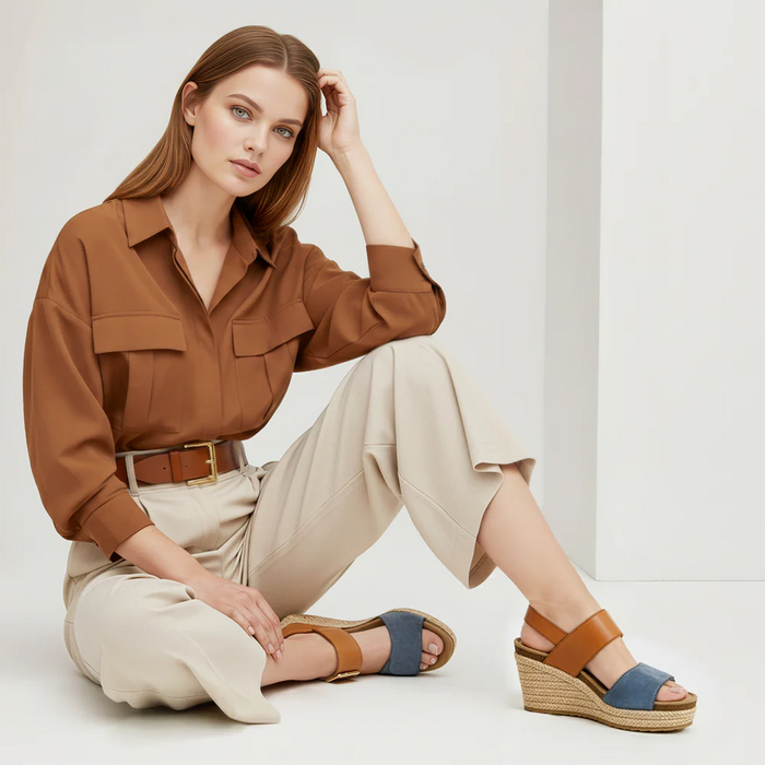 Aetrex Ashley Wedge Sandal (Women) - Hazy Blue Multi Sandal - Heel/Wedge - The Heel Shoe Fitters