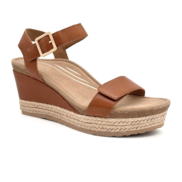 Aetrex Sydney Wedge Sandal (Women) - Cognac Sandal - Heel/Wedge - The Heel Shoe Fitters