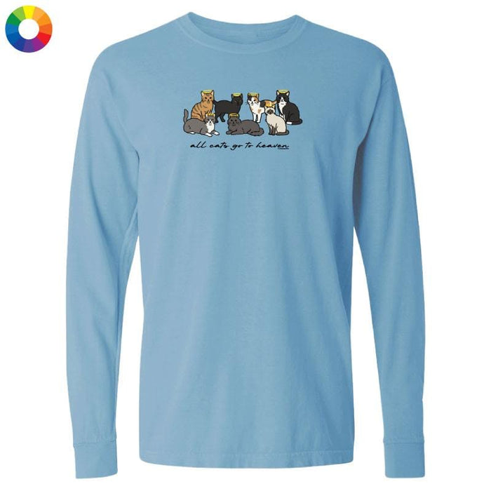 Light blue long-sleeve shirt with a graphic of cats and text on a white background