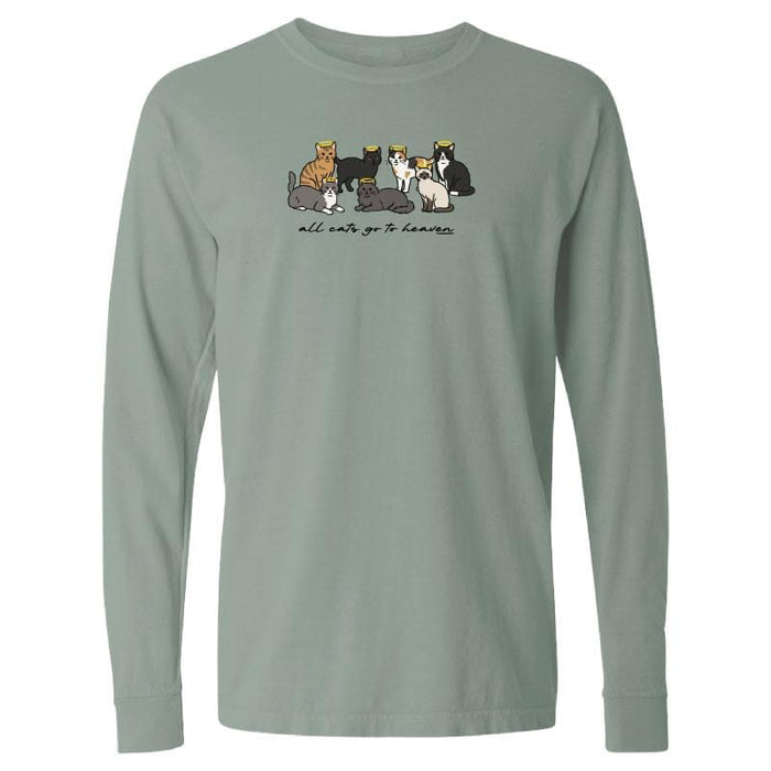 Green long-sleeve shirt with cat illustration and text on a white background