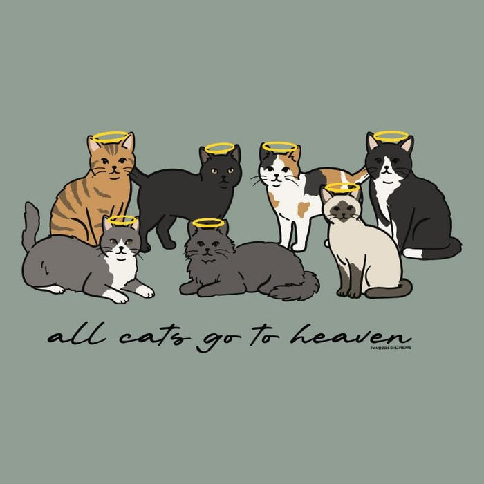 Illustration of seven cats with angel wings and halo on a gray background with text 'all cats go to heaven'.