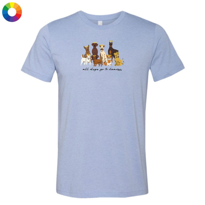 Light blue t-shirt with cartoon dogs and text on a white background