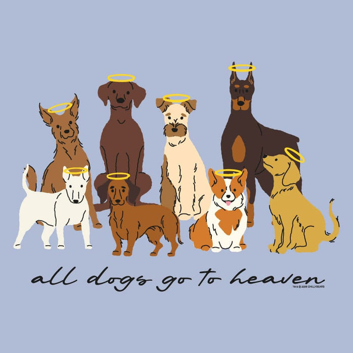 Illustration of dogs with angelic halos and 'all dogs go to heaven' text on a light blue background