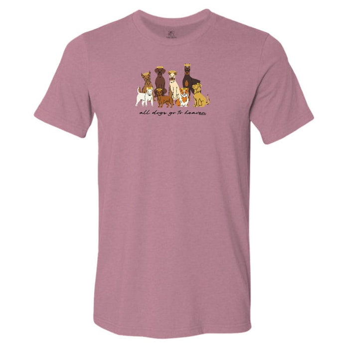 Pink t-shirt with cartoon dogs design and text on a white background