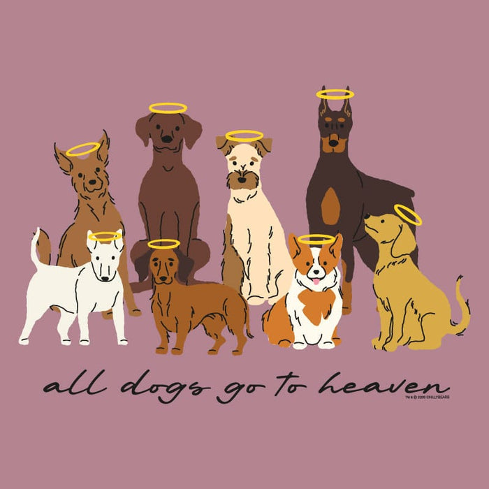 Illustration of dogs with halos and 'all dogs go to heaven' text on a purple background