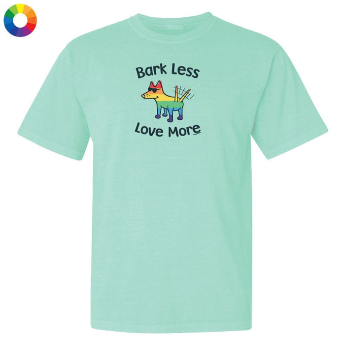 Light blue t-shirt with a colorful dog graphic and text 'Bark Less Love More' on a white background.
