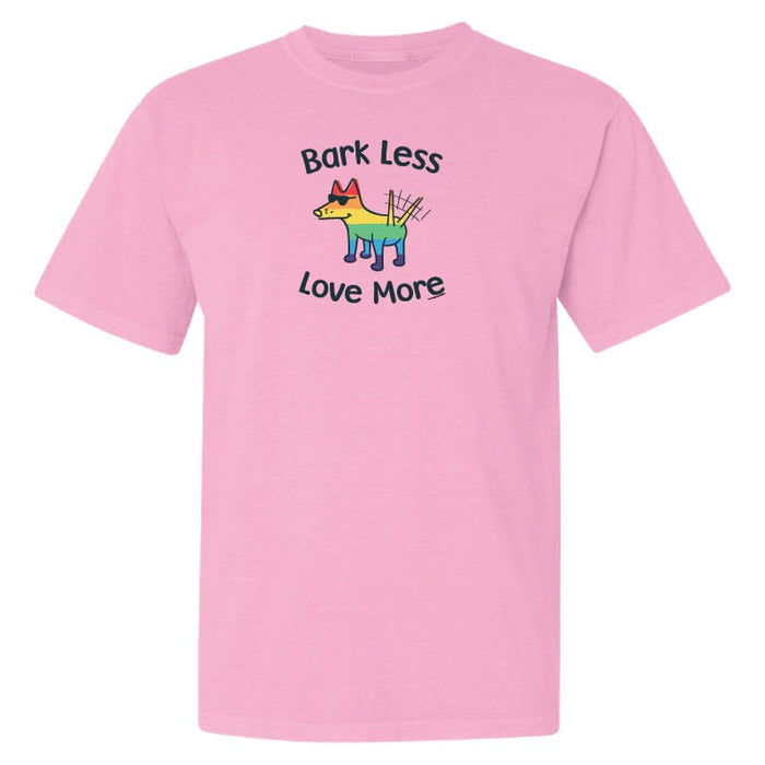 Pink t-shirt with a rainbow dog graphic and text 'Bark Less Love More' on a white background