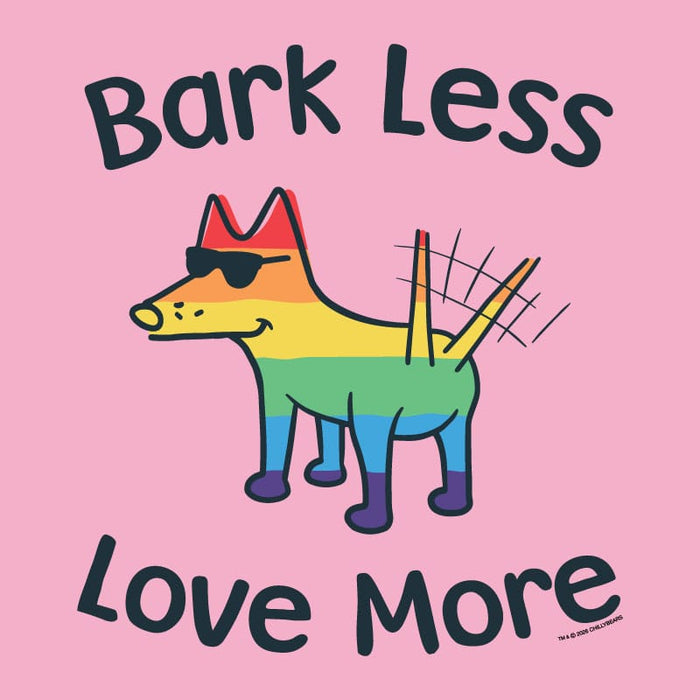 Colorful dog illustration with sunglasses and a rainbow pattern on a pink background with text 'Bark Less Love More'.