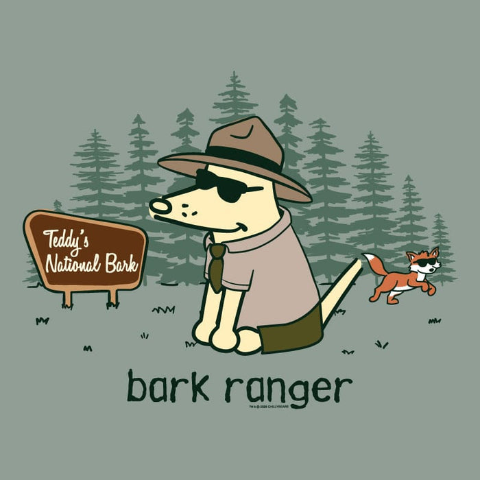 A cartoon graphic of a beige dog dressed as a park ranger with a hat, sunglasses, and tie, sitting next to a small orange fox. The background shows pine trees and a sign that reads 'Teddy's National Bark'.