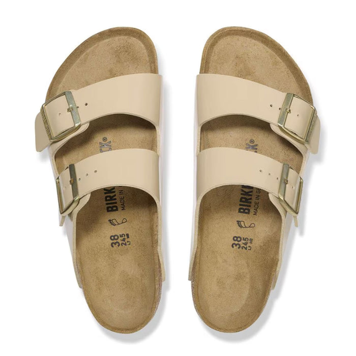 Birkenstock Arizona Narrow Slide Sandal (Women) - Patent Sand Birko-Flor Sandal - Slide - The Heel Shoe Fitters