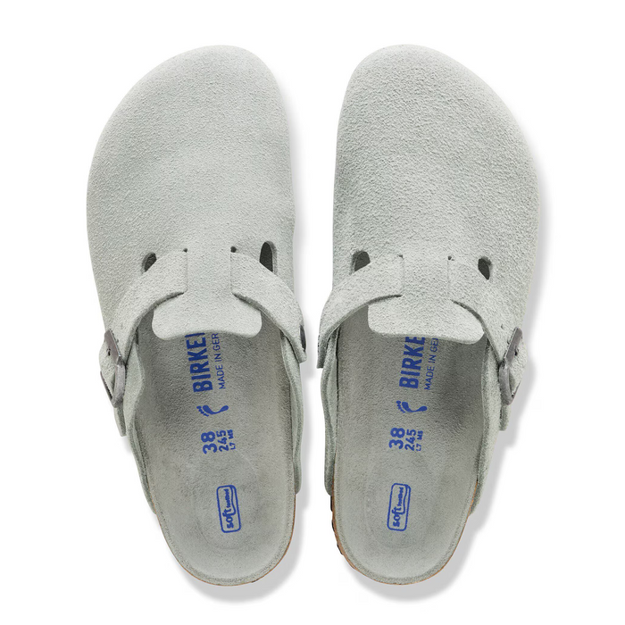 Birkenstock Boston Soft Footbed Narrow Clog (Women) - Pure Sage Suede Dress-Casual - Clogs & Mules - The Heel Shoe Fitters
