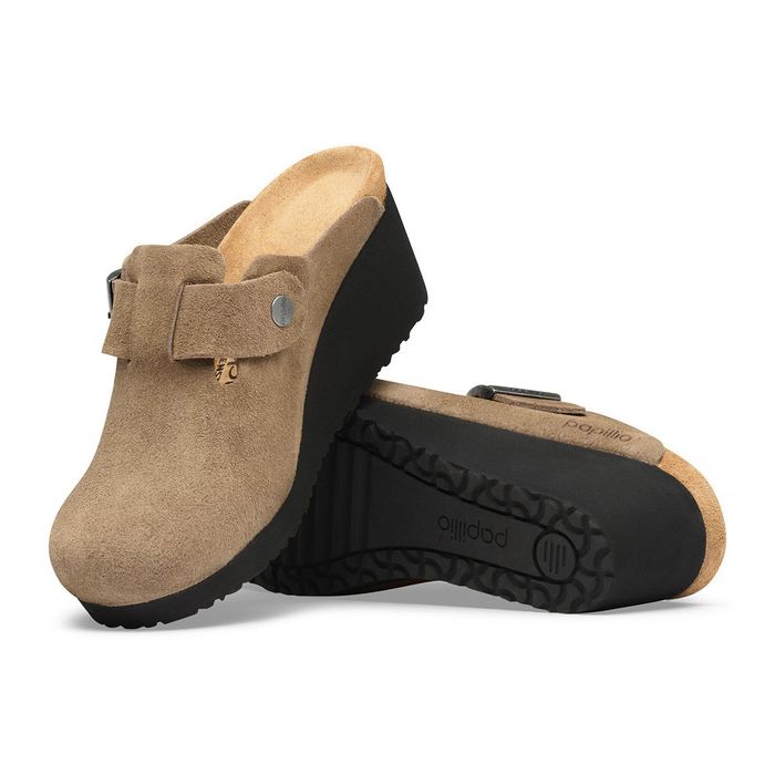 Birkenstock Fanny Wedge Clog (Women) - Gray Taupe Suede Dress-Casual - Heels - The Heel Shoe Fitters