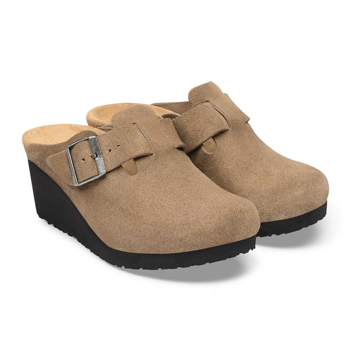 Birkenstock Fanny Wedge Clog (Women) - Gray Taupe Suede Dress-Casual - Heels - The Heel Shoe Fitters