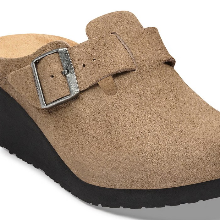 Birkenstock Fanny Wedge Clog (Women) - Gray Taupe Suede Dress-Casual - Heels - The Heel Shoe Fitters