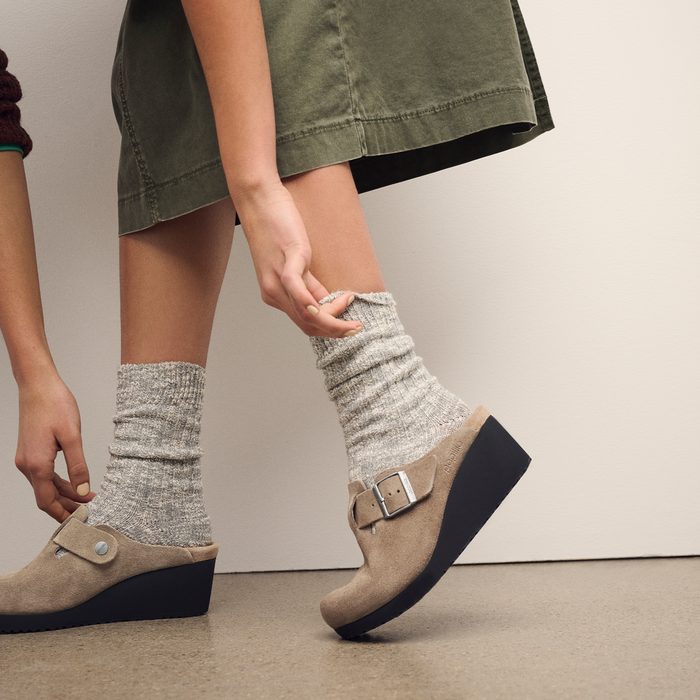 Birkenstock Fanny Wedge Clog (Women) - Gray Taupe Suede Dress-Casual - Heels - The Heel Shoe Fitters