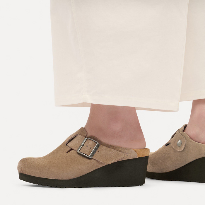 Birkenstock Fanny Wedge Clog (Women) - Gray Taupe Suede Dress-Casual - Heels - The Heel Shoe Fitters