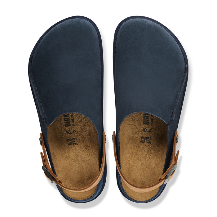 Birkenstock Lutry Narrow Clog (Women) - Navy Suede/Cognac Oiled Leather Dress-Casual - Clogs & Mules - The Heel Shoe Fitters