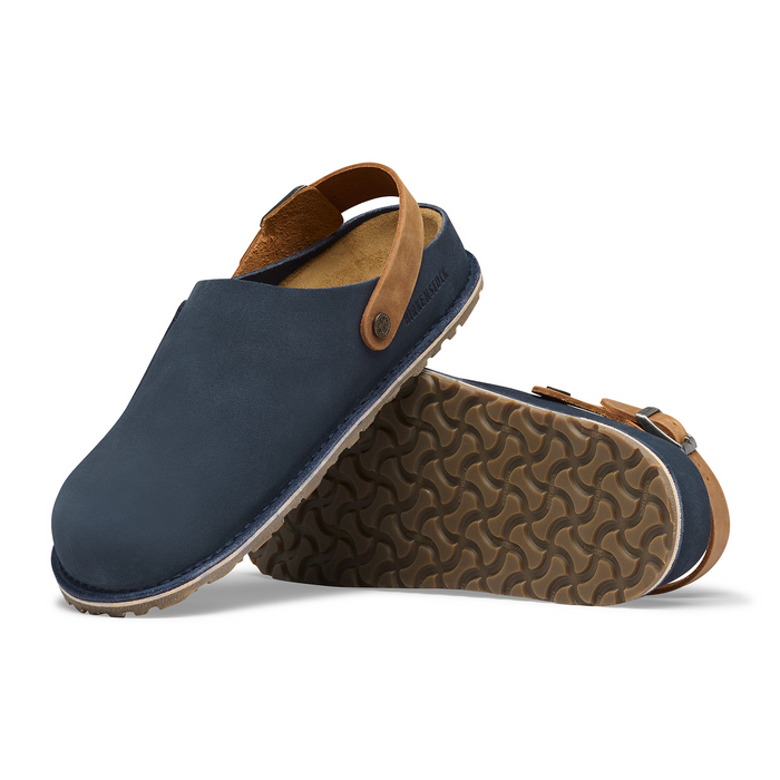 Birkenstock Lutry Narrow Clog (Women) - Navy Suede/Cognac Oiled Leather Dress-Casual - Clogs & Mules - The Heel Shoe Fitters