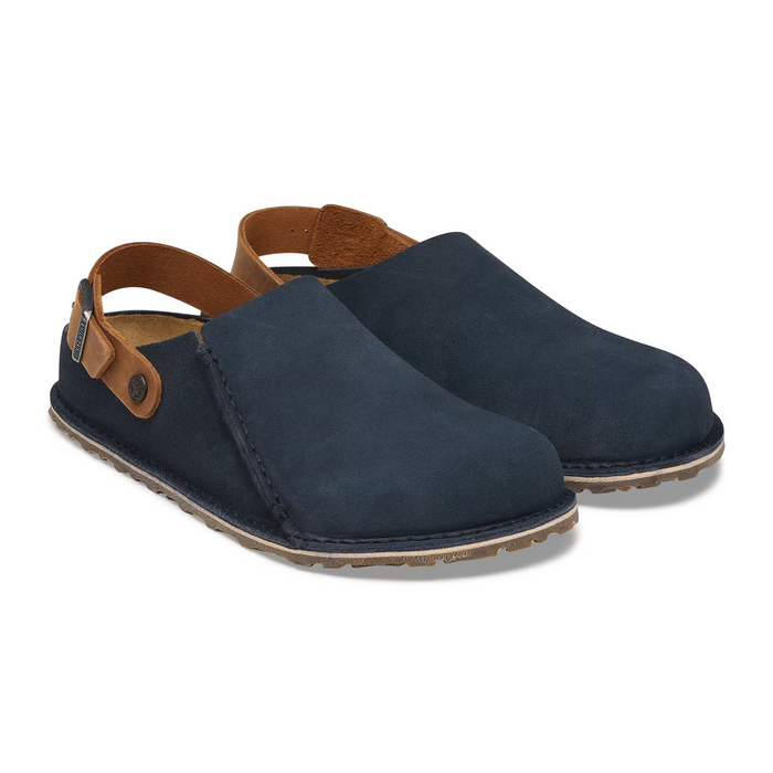 Birkenstock Lutry Narrow Clog (Women) - Navy Suede/Cognac Oiled Leather Dress-Casual - Clogs & Mules - The Heel Shoe Fitters