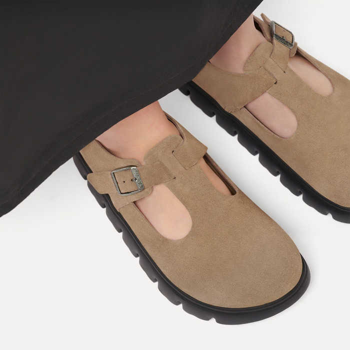 Birkenstock Paris Chunky Mary Jane (Women) - Gray Taupe Suede Dress-Casual - Slip On - The Heel Shoe Fitters