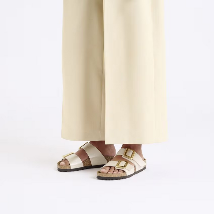 Birkenstock Sydney Luxe Buckle Narrow Slide Sandal (Women) - Graceful Pearl White Birko-Flor Sandal - Slide - The Heel Shoe Fitters