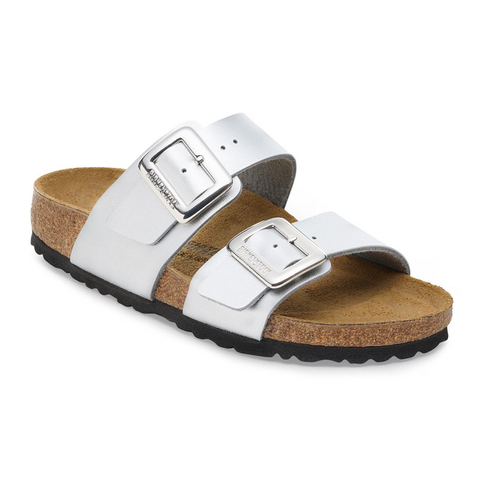Birkenstock Sydney Luxe Buckle Slide Sandal (Women) - Metallic Silver Birko-Flor Sandal - Slide - The Heel Shoe Fitters
