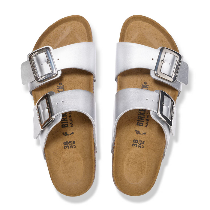 Birkenstock Sydney Luxe Buckle Slide Sandal (Women) - Metallic Silver Birko-Flor Sandal - Slide - The Heel Shoe Fitters