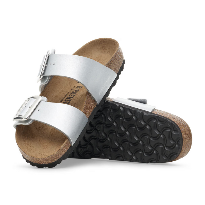 Birkenstock Sydney Luxe Buckle Slide Sandal (Women) - Metallic Silver Birko-Flor Sandal - Slide - The Heel Shoe Fitters