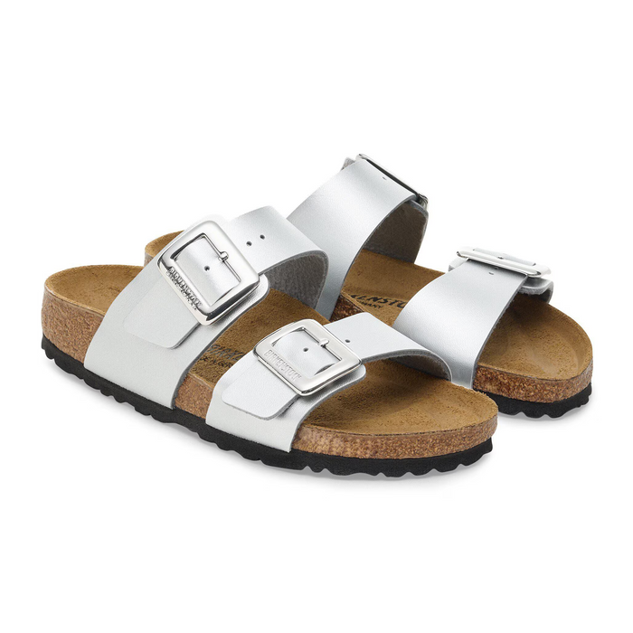 Birkenstock Sydney Luxe Buckle Slide Sandal (Women) - Metallic Silver Birko-Flor Sandal - Slide - The Heel Shoe Fitters