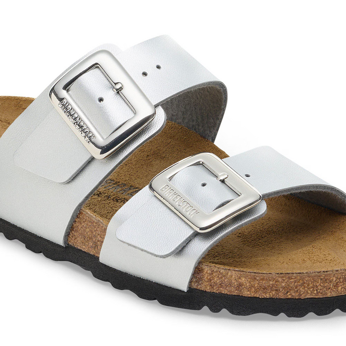 Birkenstock Sydney Luxe Buckle Slide Sandal (Women) - Metallic Silver Birko-Flor Sandal - Slide - The Heel Shoe Fitters