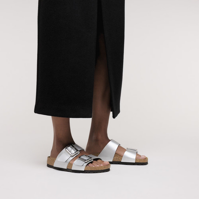 Birkenstock Sydney Luxe Buckle Slide Sandal (Women) - Metallic Silver Birko-Flor Sandal - Slide - The Heel Shoe Fitters