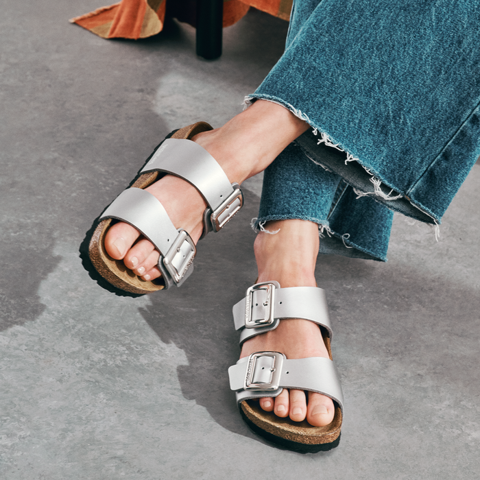 Birkenstock Sydney Luxe Buckle Slide Sandal (Women) - Metallic Silver Birko-Flor Sandal - Slide - The Heel Shoe Fitters