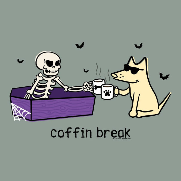 A cartoon-style graphic on a sage background showing a white skeleton sitting in a purple coffin holding a mug, and a cream-colored dog wearing sunglasses holding a matching mug with a paw print. Small black bats float around, and the text 'coffin break' appears below.