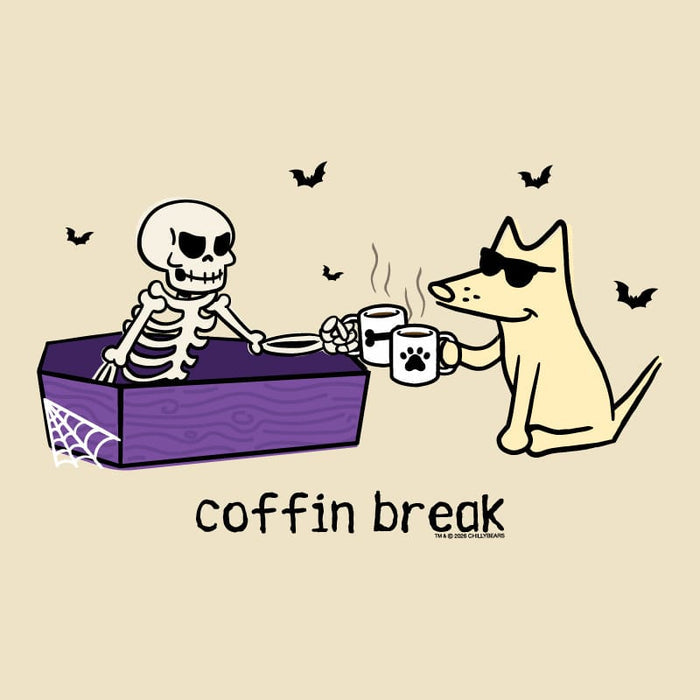 A cartoon-style graphic on a beige background showing a white skeleton sitting in a purple coffin holding a mug, and a cream-colored dog wearing sunglasses holding a matching mug with a paw print. Small black bats float around, and the text 'coffin break' appears below.