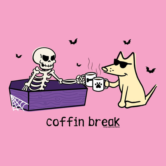A pink graphic print featuring a cartoon skeleton sitting in a purple coffin and a yellow dog wearing sunglasses, both holding mugs with paw-print designs. The text 'coffin break' is written below the illustration.