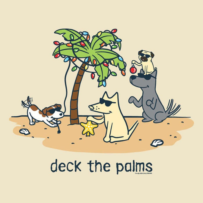 A cartoon illustration of four dogs around a palm tree with colorful holiday lights on a sandy beach-like background, with the text 'deck the palms' below. Small text at the bottom right reads 'THE DOG BOOK COLLECTION'.