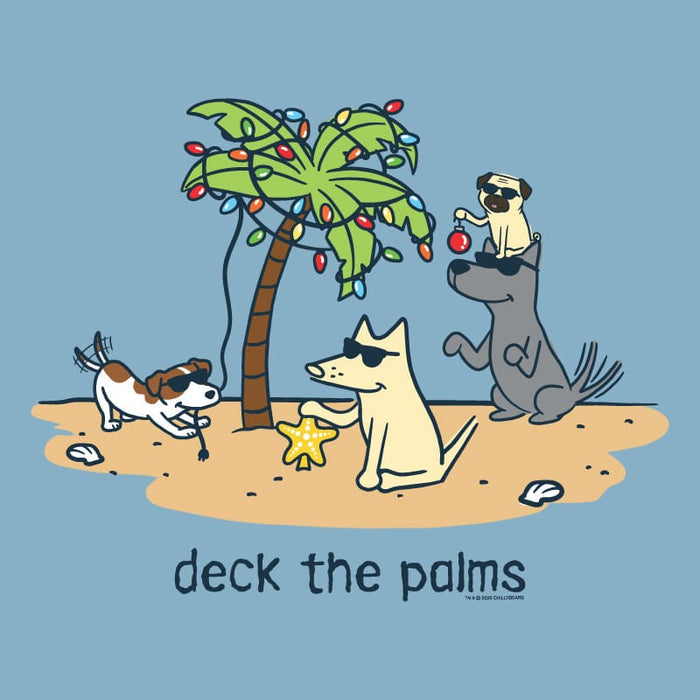 A cartoon beach scene on a light blue background with the text 'deck the palms' at the bottom. Three dogs are drawn on a sandy shore under a palm tree decorated with multicolored string lights, with a small starfish in the sand.