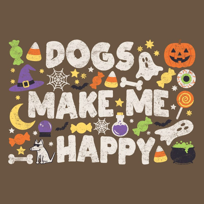 Halloween-themed graphic with the phrase “DOGS MAKE ME HAPPY” in large distressed white letters, surrounded by cute spooky illustrations including candy corn, a jack-o'-lantern, witch hat, ghosts, bones, bats, spiderwebs, potions, and a small dog on a brown background.