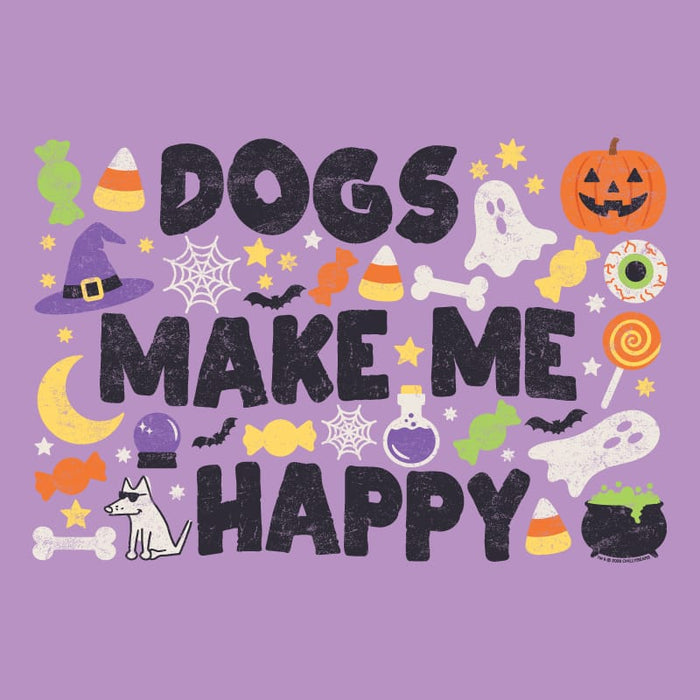 Halloween-themed graphic with the phrase “DOGS MAKE ME HAPPY” in large black textured letters, surrounded by cute spooky illustrations including a jack-o'-lantern, witch hat, ghosts, candy corn, bats, spiderwebs, a dog, bones, potions, and stars on a lavender background.