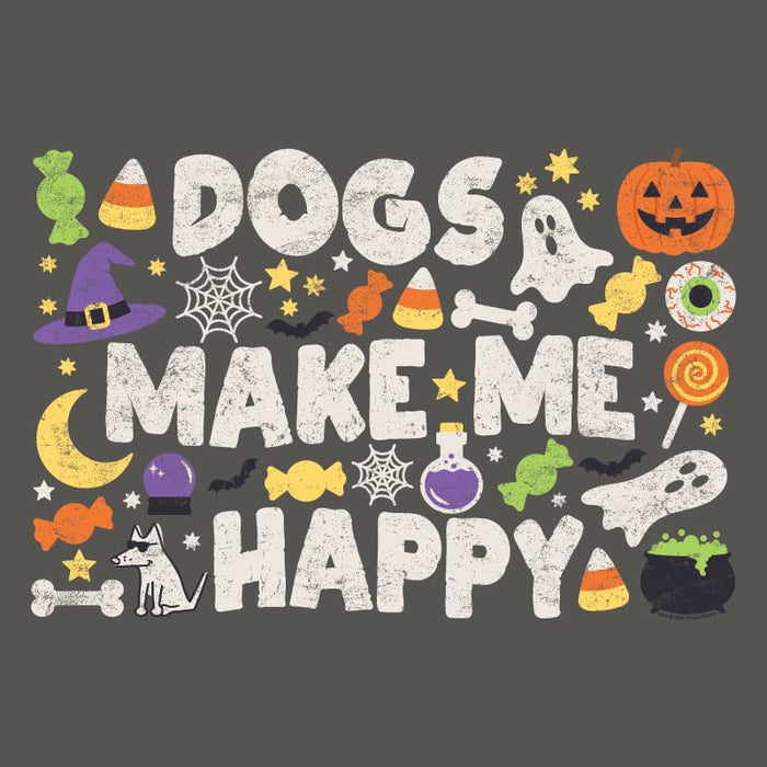 Halloween-themed graphic with the phrase “DOGS MAKE ME HAPPY” in large distressed white letters, surrounded by candy corn, pumpkins, ghosts, a witch hat, bones, spiders, stars, and other spooky icons on a dark gray background.