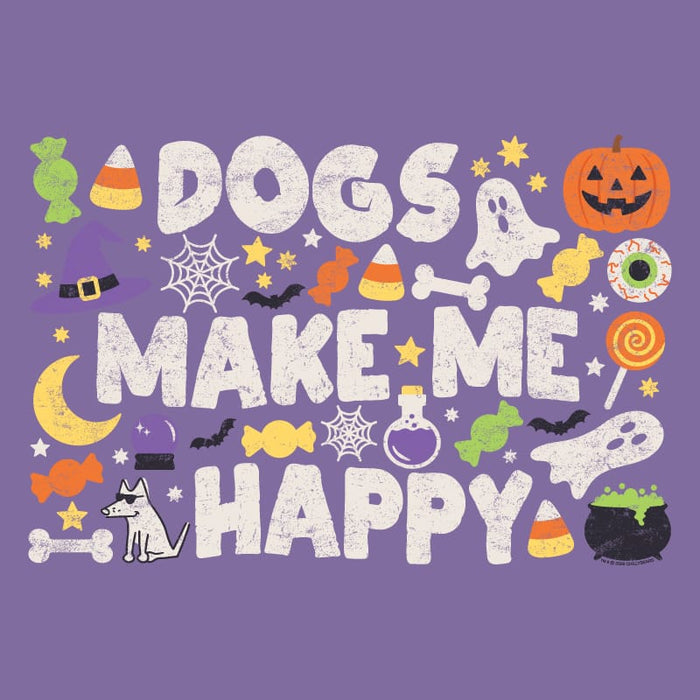Halloween-themed graphic with the phrase “DOGS MAKE ME HAPPY” in large distressed white letters, surrounded by candy, a pumpkin, ghosts, bats, a witch hat, a potion bottle, stars, and other seasonal icons on a purple background.