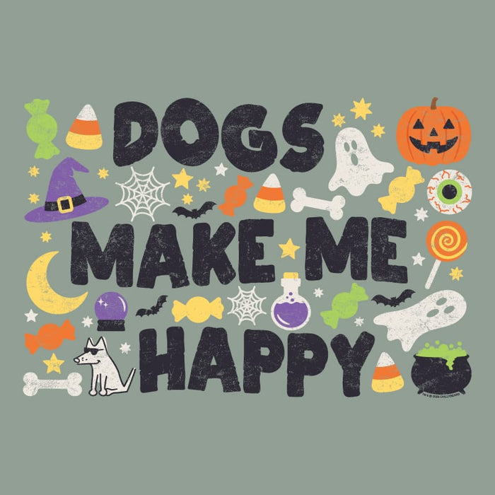 Halloween-themed graphic with the phrase “DOGS MAKE ME HAPPY” in large dark textured letters, surrounded by cute spooky illustrations including a pumpkin, ghosts, candy corn, witch hat, potion bottle, bat, bones, spiderwebs, and stars on a muted green background.