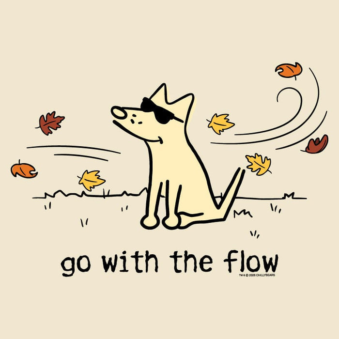 A minimalist line-art illustration of a light cream dog wearing black sunglasses, sitting on a beige background with scattered autumn leaves and the text 'go with the flow' below.