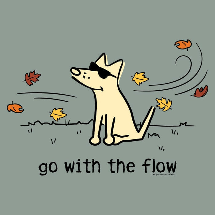 A stylized illustration of a cream-colored dog wearing black sunglasses, sitting on a muted gray-green background with scattered autumn leaves and the text 'go with the flow' below.