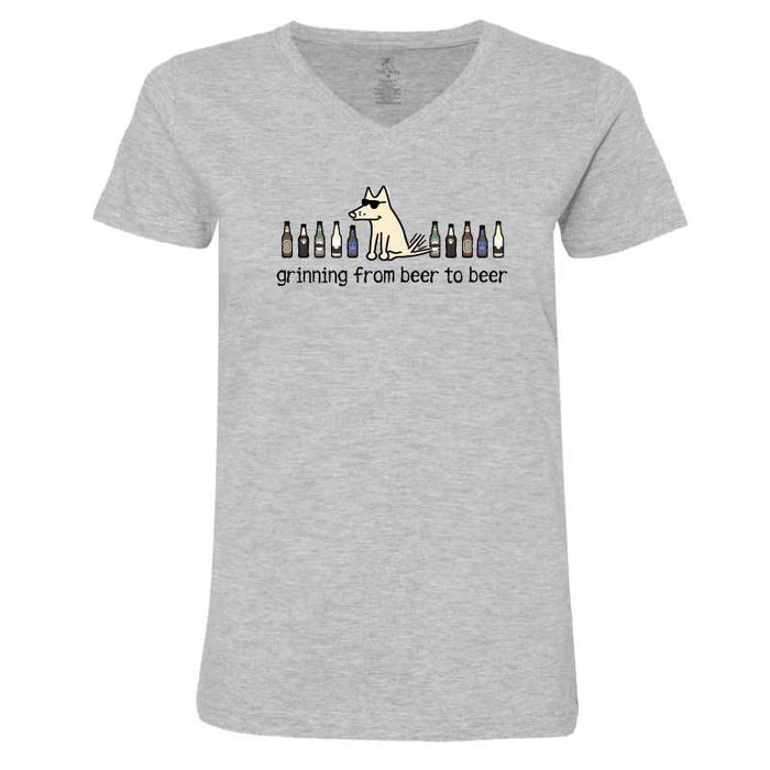 Grinning Beer To Beer - Ladies T-Shirt V-Neck - Teddy the Dog T-Shirts and Gifts