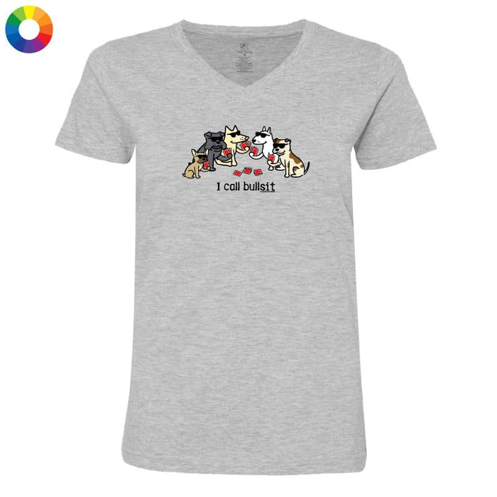 A heather gray V-neck t-shirt featuring a cartoon graphic of several dogs sitting together with the text 'I call bullshit' underneath. A small multicolor color wheel icon is visible in the top-left corner.