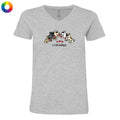 A heather gray V-neck t-shirt featuring a cartoon graphic of several dogs sitting together with the text 'I call bullshit' underneath. A small multicolor color wheel icon is visible in the top-left corner.