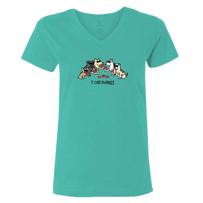 A women's short-sleeve V-neck t-shirt in a vibrant teal color, featuring a cartoon graphic of various dog breeds sitting together with red hearts and the text 'I call bullshit' printed below.