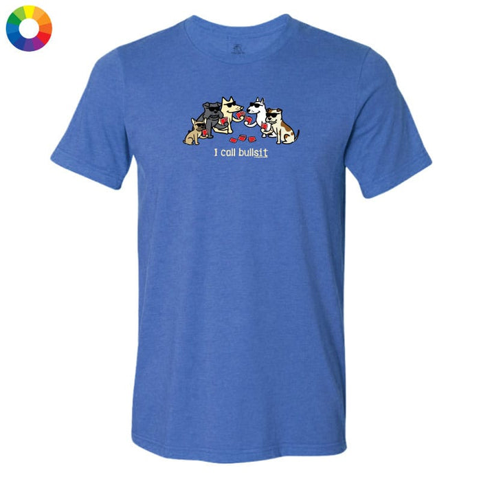 A heather blue short-sleeve t-shirt with a cartoon graphic of several dogs and the text 'I coo bullshit' printed on the chest, displayed on a solid white background.