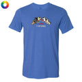 A heather blue short-sleeve t-shirt with a cartoon graphic of several dogs and the text 'I coo bullshit' printed on the chest, displayed on a solid white background.